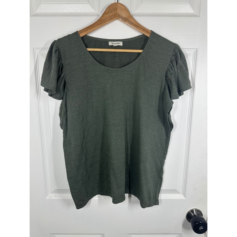 Max Studio Top Womens XL Green Flutter Sleeve Scoop Neck Textured Blouse Casual